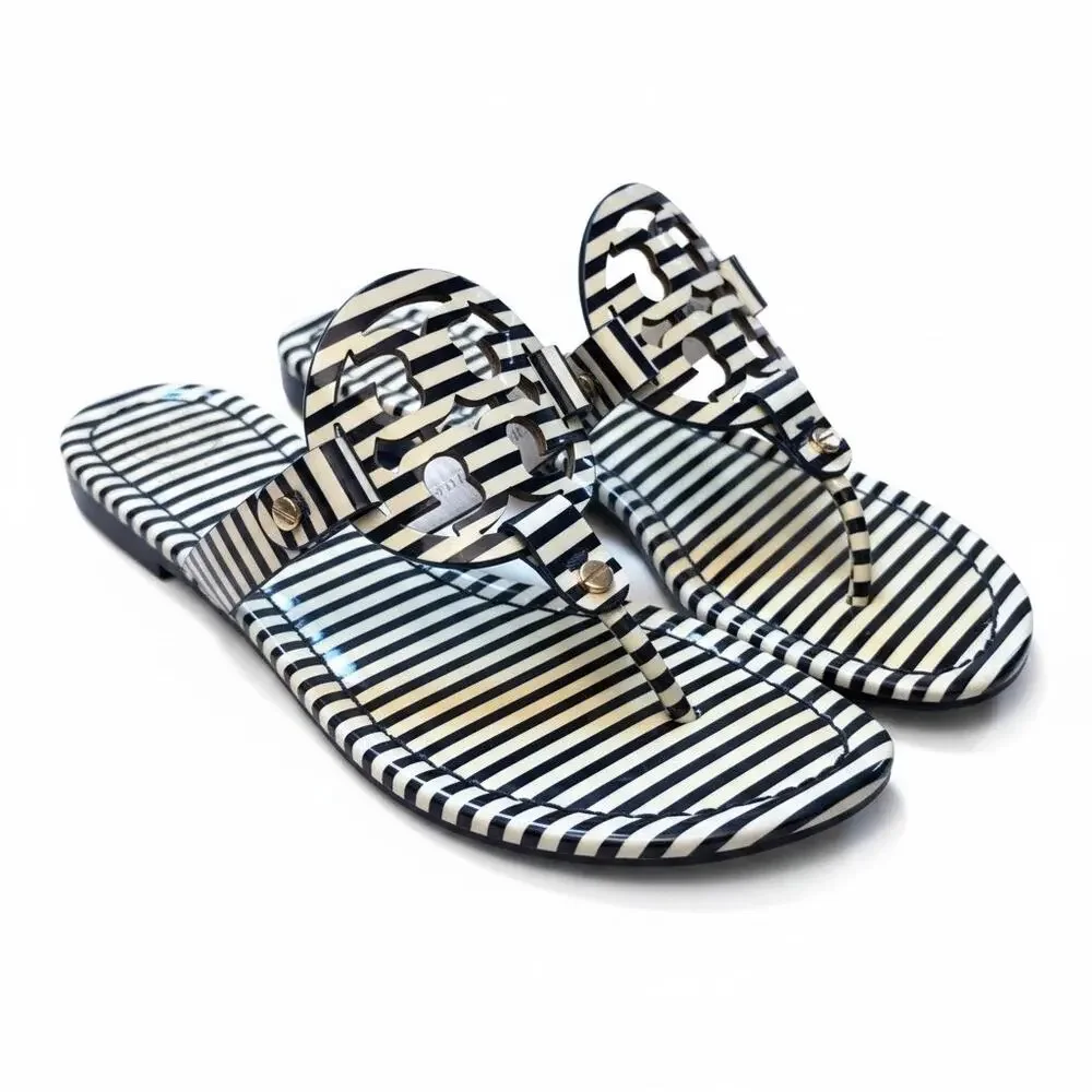 Tory Burch Miller Sandals Size 6 Navy Nautical Striped Patent Leather Thong